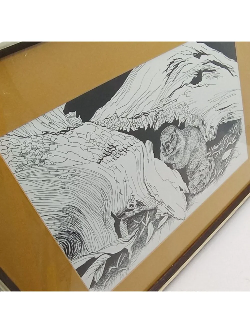 Woodchuck Wall Art Framed Pen And Ink Drawing Print Signed 21 x 16 Cabin Decor